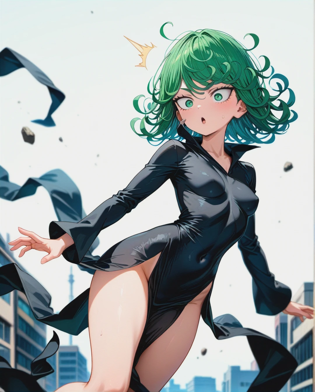 1girl, @tatsumaki, (perfect face), (very skinny: 1,1), in black dress with long sleeve, floating in the air, day, surprised, white background, falling