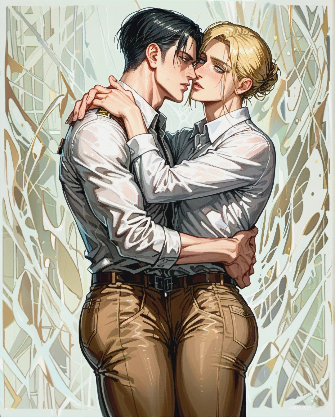 Blonde @erwin_smith and black haired @levi, gay, yaoi, male body, full body, , dicks, (reach-around), size difference, couple