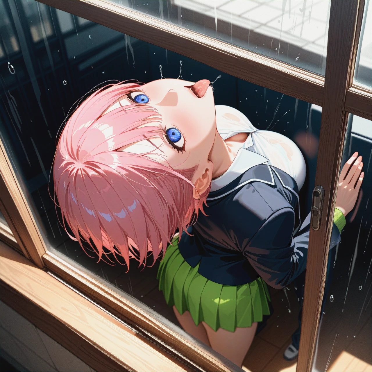 @nakano_ichika ,school uniform, standing sex_from_behind,look up,head back, orgasm,front view from above,breast on glass window,