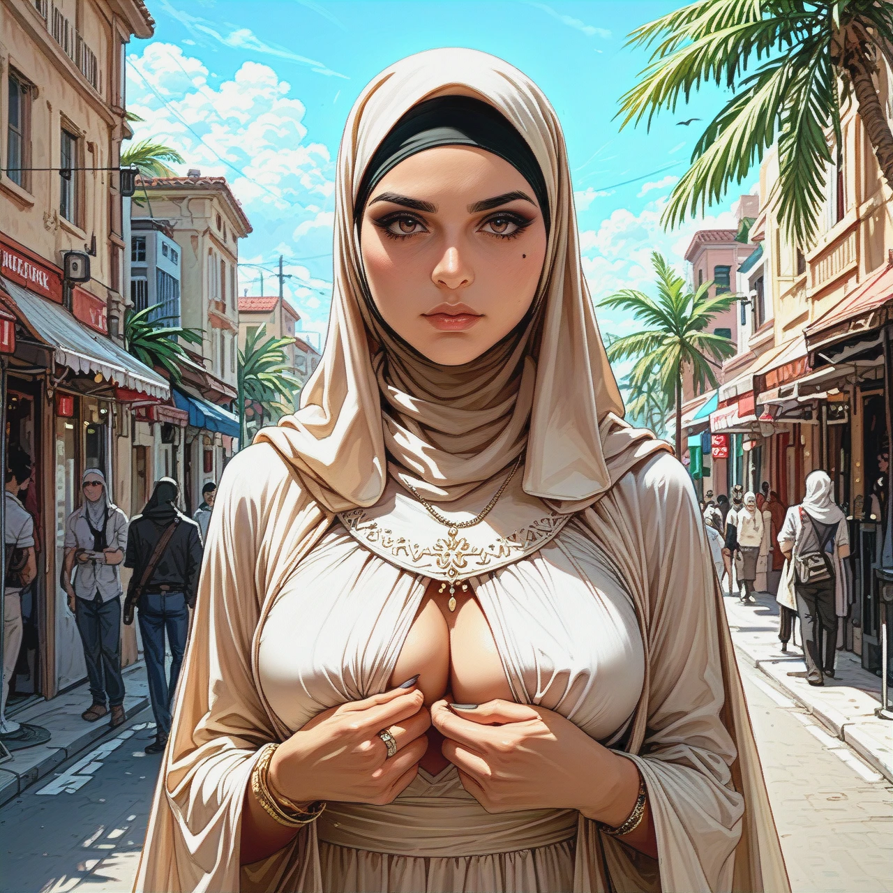 The image is a portrait of a young woman wearing a grey hijab. She is standing in a street with palm trees and buildings in the background. The woman is wearing a white dress and her hijab is covering her breasts. She has a serious expression on her face and is looking directly at the camera. The image appears to be a digital art