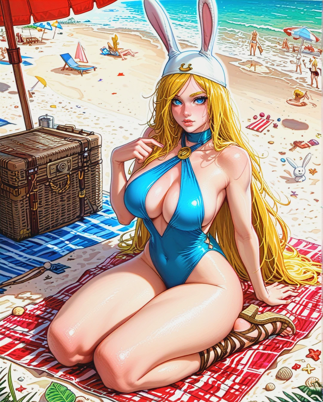 @fionna_the_human_girl, adventure time, bunny ears hat, low cut cut out revealing halter swimsuit, side boob cleavage, exposed belly button, gladiator sandals, rounded breasts, large breasts, rounded ass, large ass, thick thighs, sitting on beach towel, beach parasol, long hair, finger pressed to lips