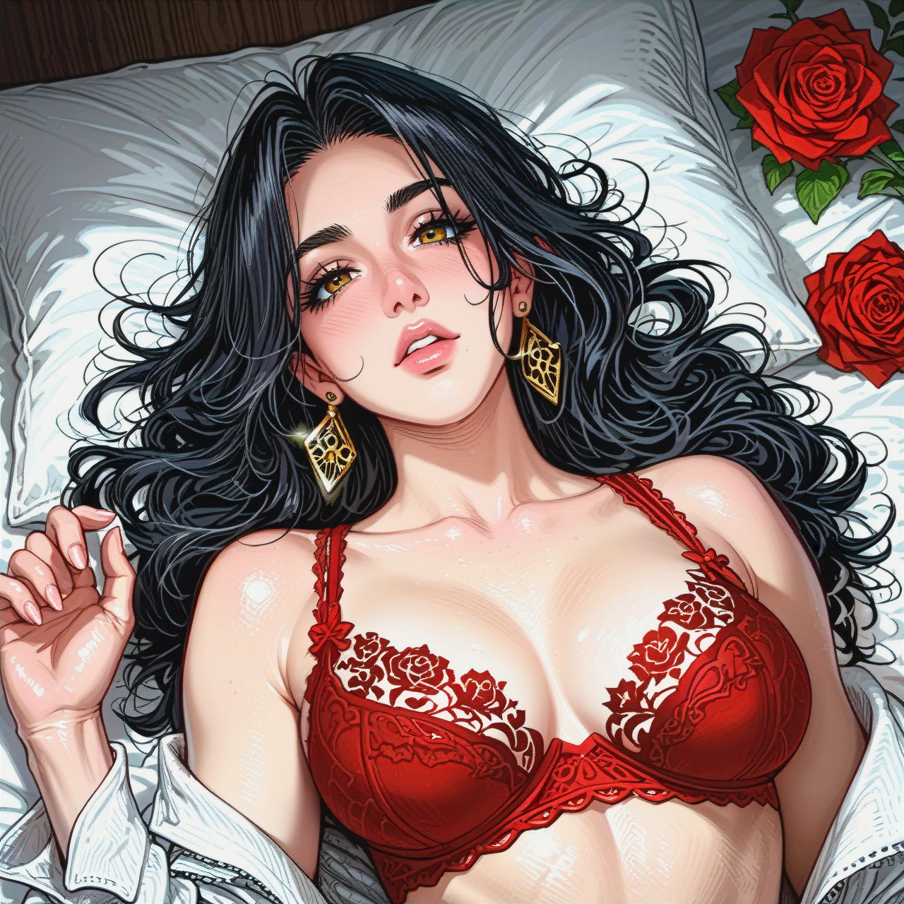 The image is an illustration of a young woman lying on a bed. She has long black hair that is styled in loose waves and falls over her shoulders. She is wearing a red bra with red roses on it and gold earrings. Her eyes are wide open and her mouth is slightly open, as if she is about to say something. The background is white and there is a white pillow behind her head. The overall mood of the image is sensual and intimate.