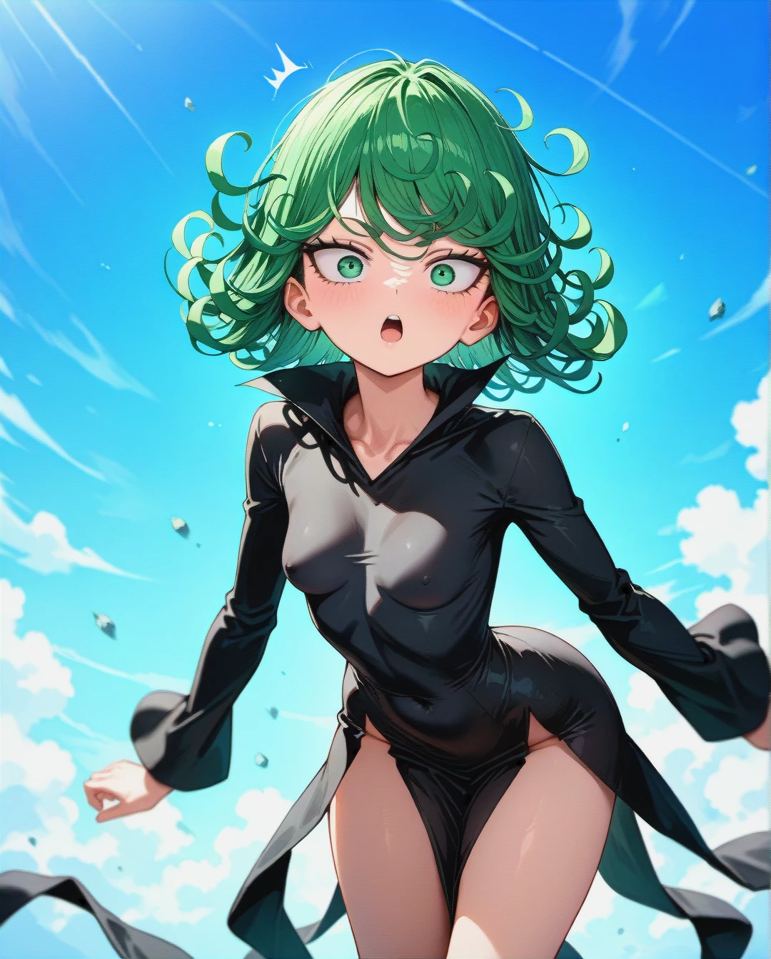 1girl, @tatsumaki, (perfect face), (very skinny: 1,1), in black dress with long sleeve, floating in the air, day, surprised, white background, (falling)