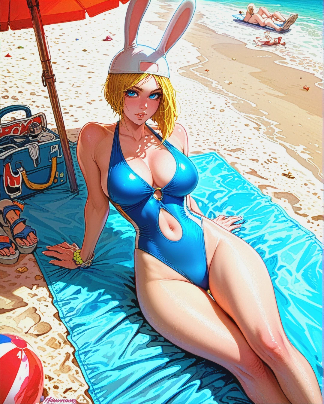 @fionna_the_human_girl, adventure time, bunny ears hat, low cut cut out swimsuit, cleavage, exposed belly button, platform sandals, rounded breasts, large breasts, rounded ass, large ass, sitting on beach towel, beach parasol, leaning back, legs extended