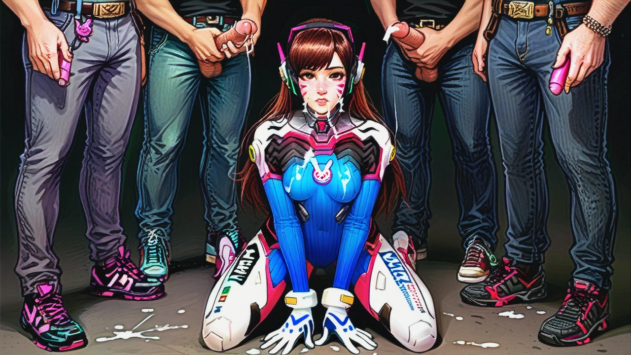 Full body portrait of @d.va kneeling (gangbang) (bukkake) (facial)