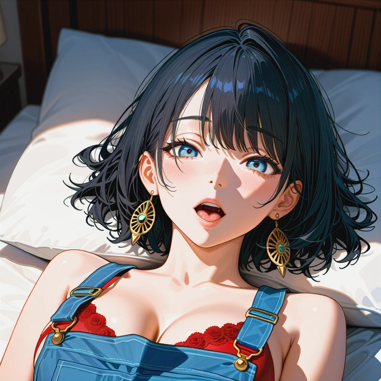 The image is an illustration of a young woman lying on a bed. She has long black hair that is styled in loose waves and falls over her shoulders. She is wearing a red bra with red roses on it and gold earrings. Her eyes are wide open and her mouth is slightly open, as if she is about to say something. The background is white and there is a white pillow behind her head. The overall mood of the image is sensual and intimate.