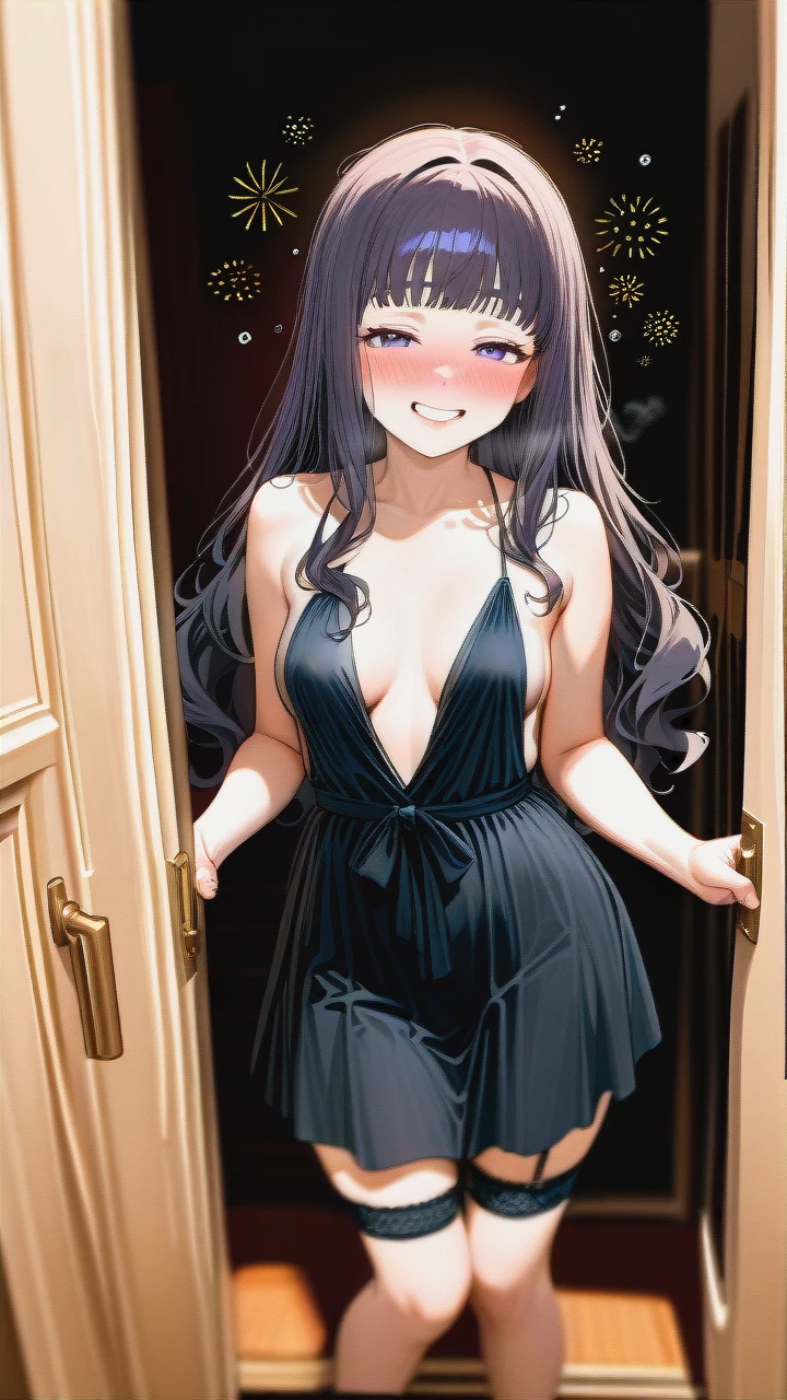 (drunk) (female_focus) (clenched_teeth_smile) (blush) (garter_necktie) (face_focus) (thick_lips) (excited) @daidouji_tomoyo (standing)  (sideboob) (legs_apart) (open_dress) (from_above) (pov_hands_grab)