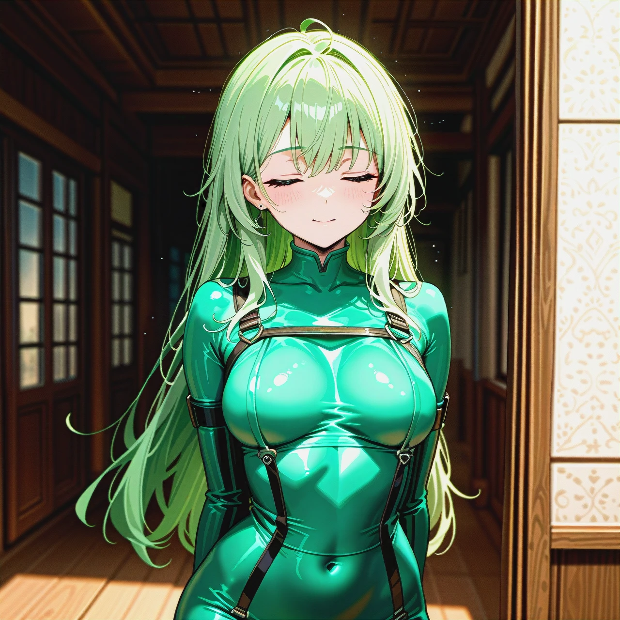 The image is a digital illustration of a woman with long, flowing green hair. She is standing with her body slightly turned to the side, with her arms stretched out to the sides. Her head is tilted slightly to the left and her eyes are closed, as if she is in a trance-like state. Her body is covered in a tight-fitting, green bodysuit that accentuates her curves. Her hair is styled in loose waves and cascades over her shoulders. The overall mood of the image is mysterious and ethereal.