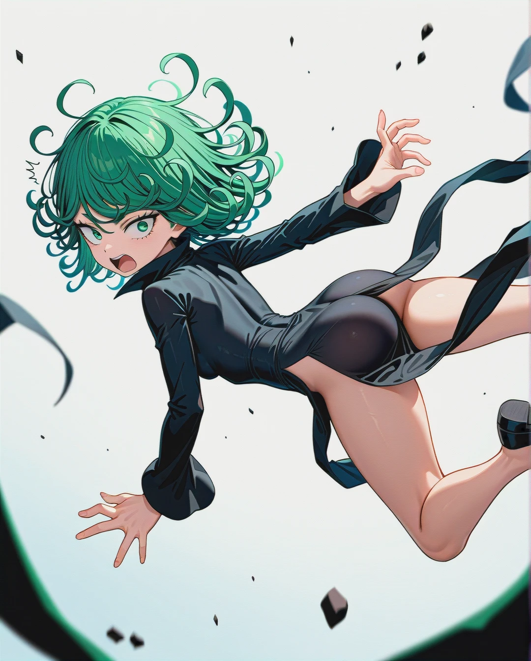 1girl, @tatsumaki, (perfect face), (very skinny: 1,1), in black dress with long sleeve, floating in the air, day, (front view), surprised, white background, (looking back), surprised looks back