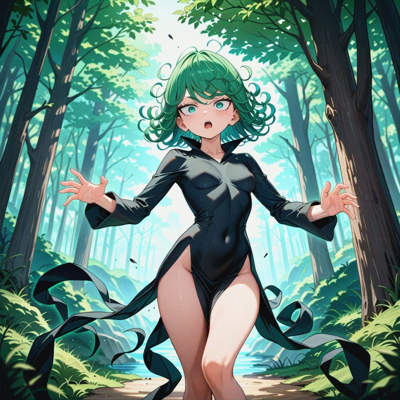 1girl, @tatsumaki, (perfect face), (very skinny: 1,1), in black dress with long sleeve, floating in the air, day, surprised, landscape is forest, (falling through the air)