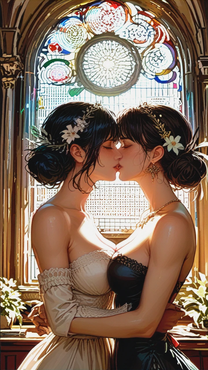 Create an image of two women deeply in love, expressing their affection naturally and passionately. They could be holding hands, sharing a warm embrace, or tenderly kissing, with emotions of joy and love radiating between them. The scene could take place in a serene and romantic setting, such as a sunlit meadow, a cozy apartment with soft lighting, or under a starlit sky. Focus on their authentic connection, celebrating the beauty and intensity of their love