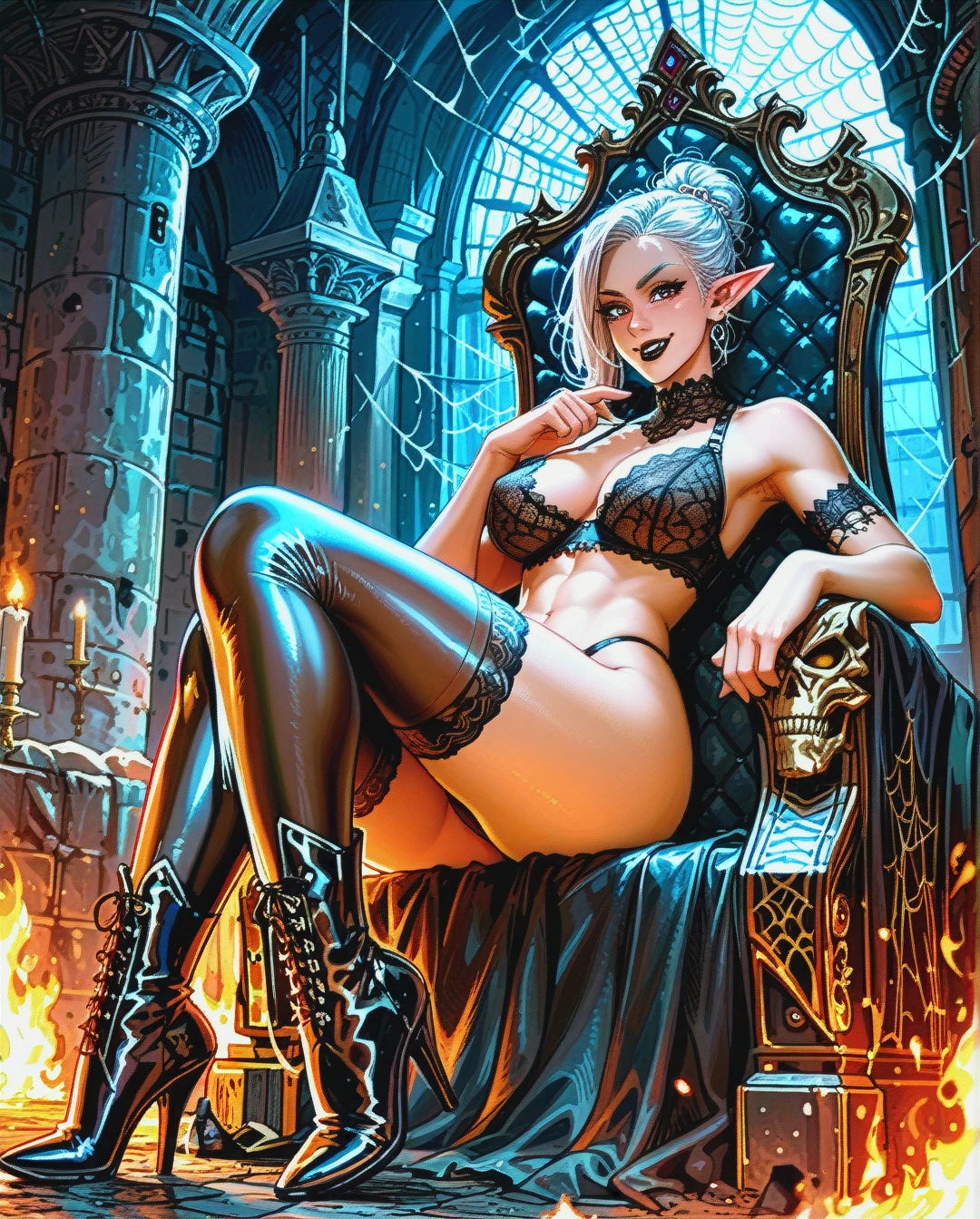 minthara from baldurs gate three, grey elf, dark grey skin, pointy elf ears, white hair, hair bun, fit, black lipstick, smiling, leather bra, leather panties, spider web tights, web patterns, thigh high leather heeled boots, sitting in throne, licking lips, squeezing nipple, night, fire light, dungeon