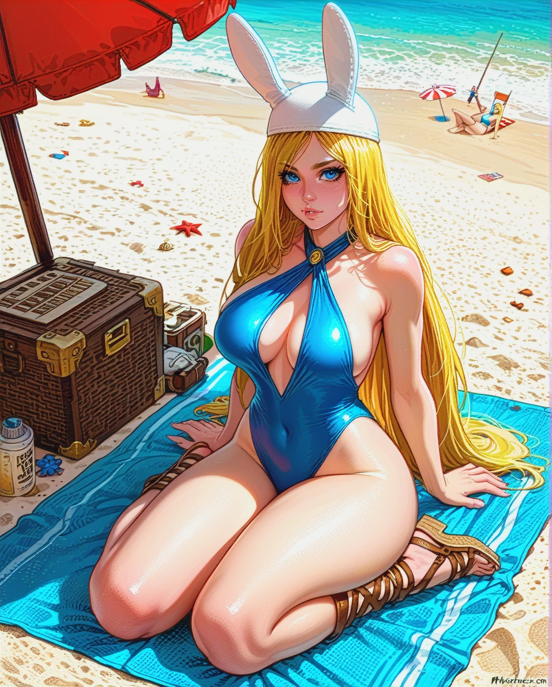 @fionna_the_human_girl, adventure time, bunny ears hat, low cut cut out revealing halter swimsuit, side boob cleavage, exposed belly button, gladiator sandals, rounded breasts, large breasts, rounded ass, large ass, thick thighs, sitting on beach towel, beach parasol, long hair, (hair_flip)