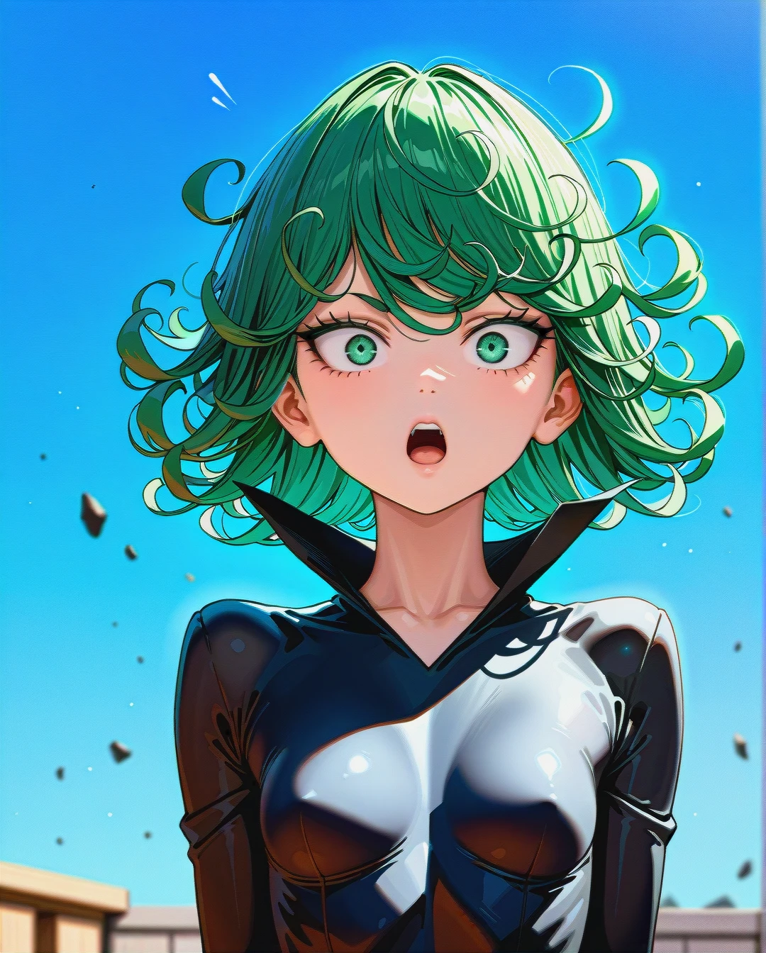 1girl, @tatsumaki, (perfect face), (very skinny: 1,1), in black dress with long sleeve, floating in the air, day, (front view), (surprised), background is blue sky, front view, upper_body, looking back