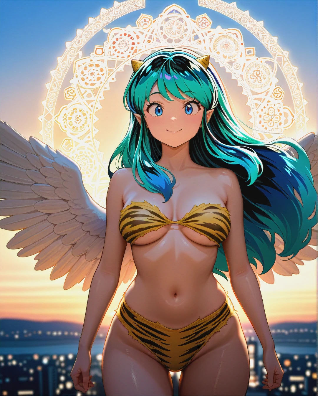 1girl, @lum,(wind),angel wings, left swept bangs,Happy, naked, latex outfit, tiger print swimsuit ripped and torn and tattered, Mandala, cinematic lighting, photorealistic plaza in Tokyo, horizon,