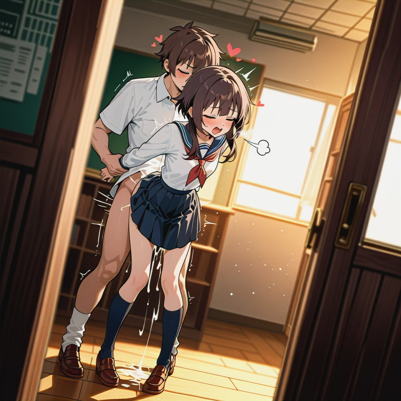 @megumin,  school, schoolgirl, school_uniform, socks, skirt,   (wide_shot), (dutch_angle),   (sex_from_behind), (cum), (sex), (clothed_sex), (arm_held_back),   (skinny),   (heart-shaped), (open_mouth), (sigh), (eyes_closed),