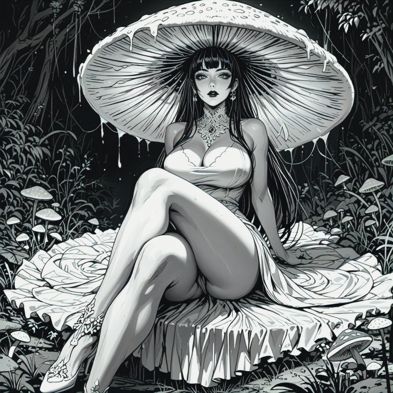 The image is a black and white line drawing of a woman sitting on the ground with her legs crossed. She is wearing a long, flowing dress with a large mushroom-like cap on her head. The woman's body is covered in intricate lines and curves, and her arms and legs are stretched out in front of her. The background is plain white, and the overall style of the drawing is simple and minimalistic.