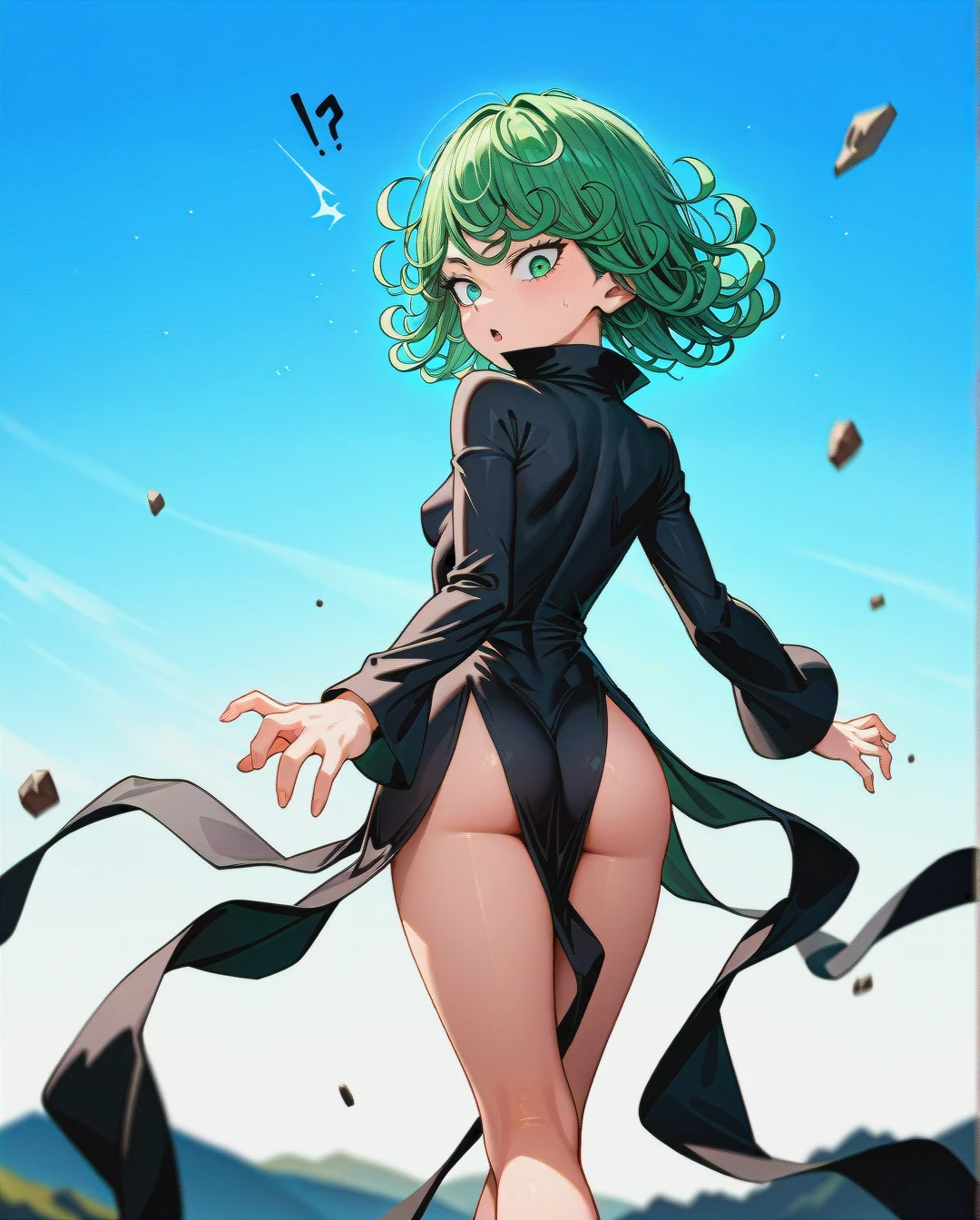 1girl, @tatsumaki, (perfect face), (very skinny: 1,1), in black dress with long sleeve, floating in the air, day, (front view), surprised, white background, (looking back), surprised looks back