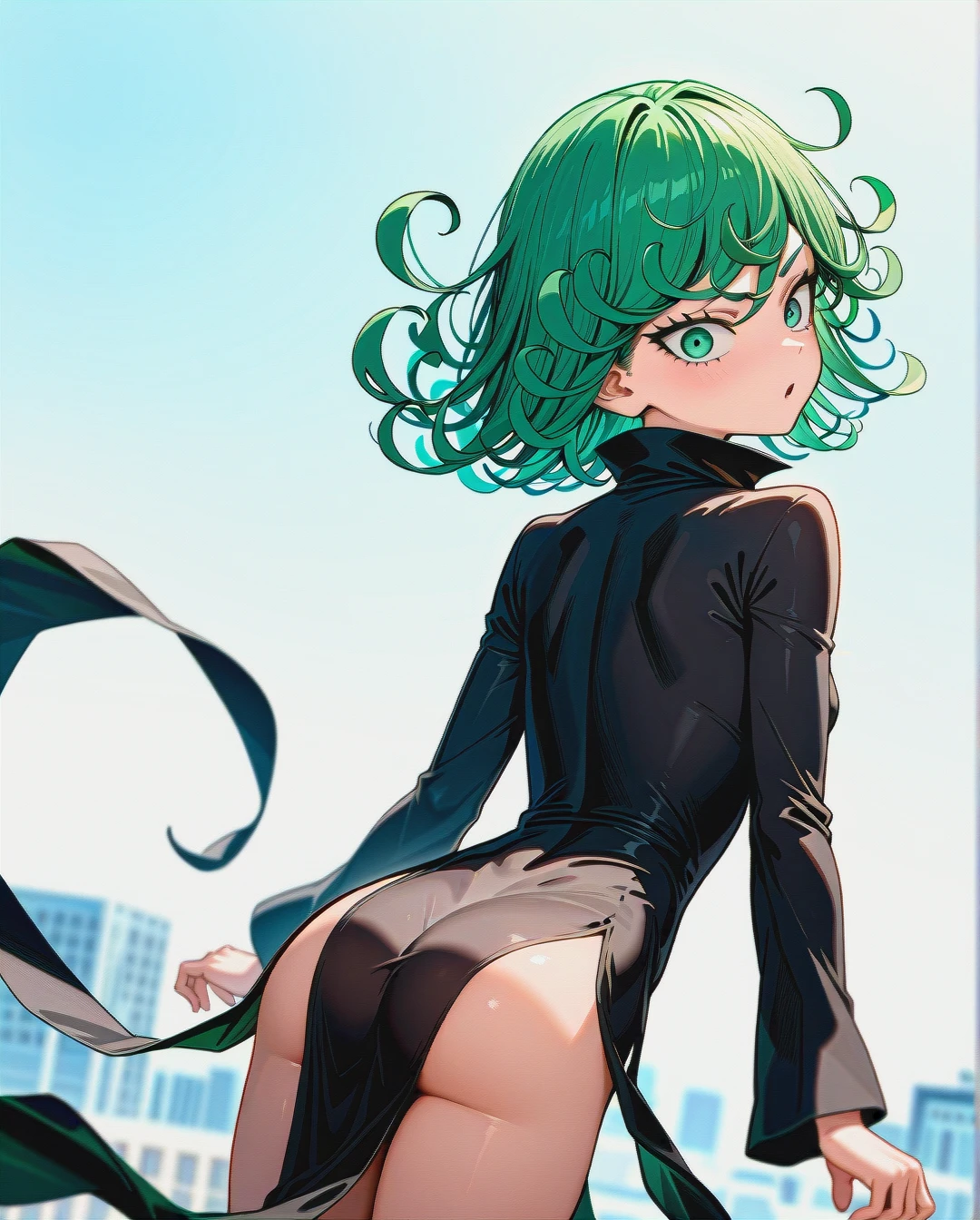 1girl, @tatsumaki, (perfect face), (very skinny: 1,1), in black dress with long sleeve, floating in the air, day, (front view), surprised, white background, looking back, turns her head back