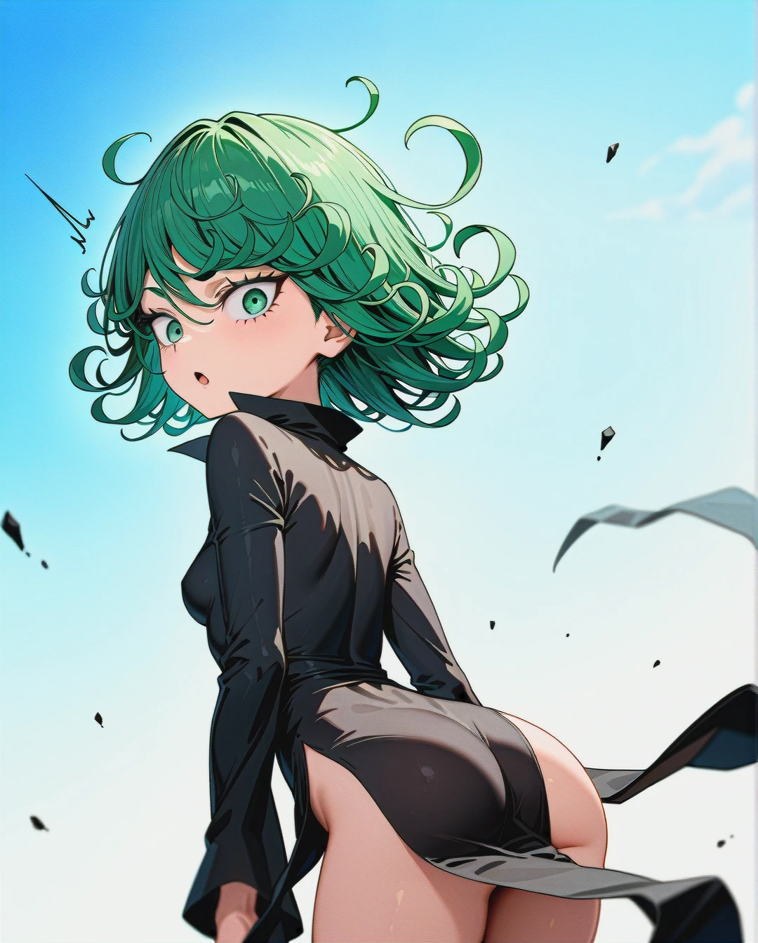 1girl, @tatsumaki, (perfect face), (very skinny: 1,1), in black dress with long sleeve, floating in the air, day, front view, surprised, white background, (looking back), surprised looks back