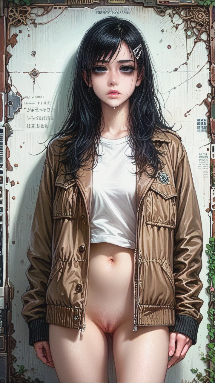 prison school, realistic, girl, long hair, black hair, hair clip, brown school jacket, serious, wallpaper, black eyes, ((empty eyes)), ((despair)), solo, ((pussy)), drooling