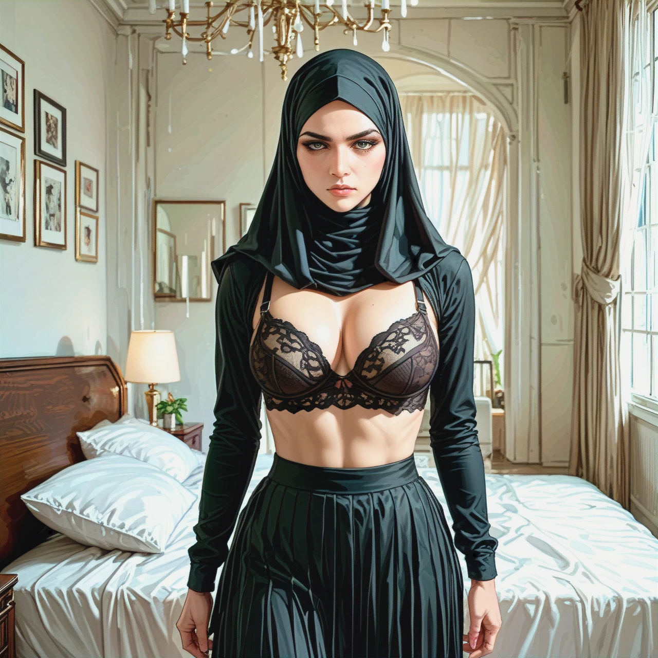 The image shows a young woman wearing a black hijab and a black bra and skirt. She is standing in a bedroom with a bed in the background. The woman is She has a serious expression on her face and her eyes are closed. The overall mood of the image is sensual and intimate.