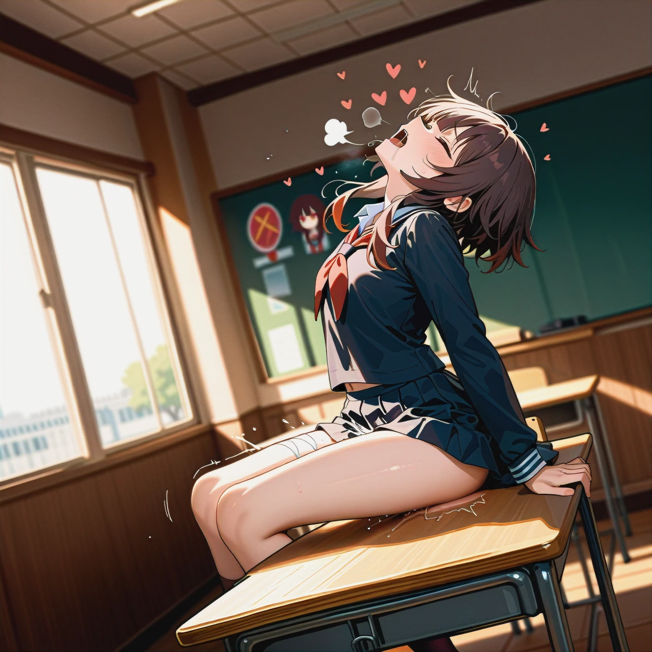 @megumin,  school, schoolgirl, school_uniform, skirt,  (wide_shot), (dutch_angle), (from_side),  on the table, legs_hug,  open_legs, (sex), (deep_penetration),  (head_back),   (skinny),   (heart-shaped), (sigh), (open_mouth), (saliva), (eyes_closed),