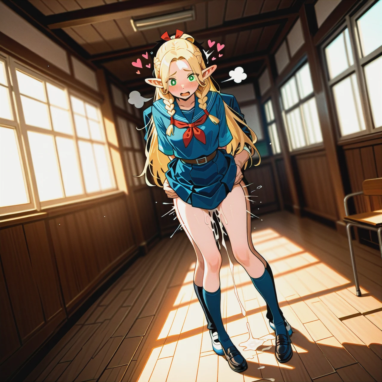 Marcille,  school, schoolgirl, school_uniform, socks, skirt,  uniform,  (wide_shot), (dutch_angle),   (sex_from_behind), (cum), (sex), (clothed_sex), grab_torso  (skinny),   (heart-shaped), (open_mouth), (sigh), (shy),