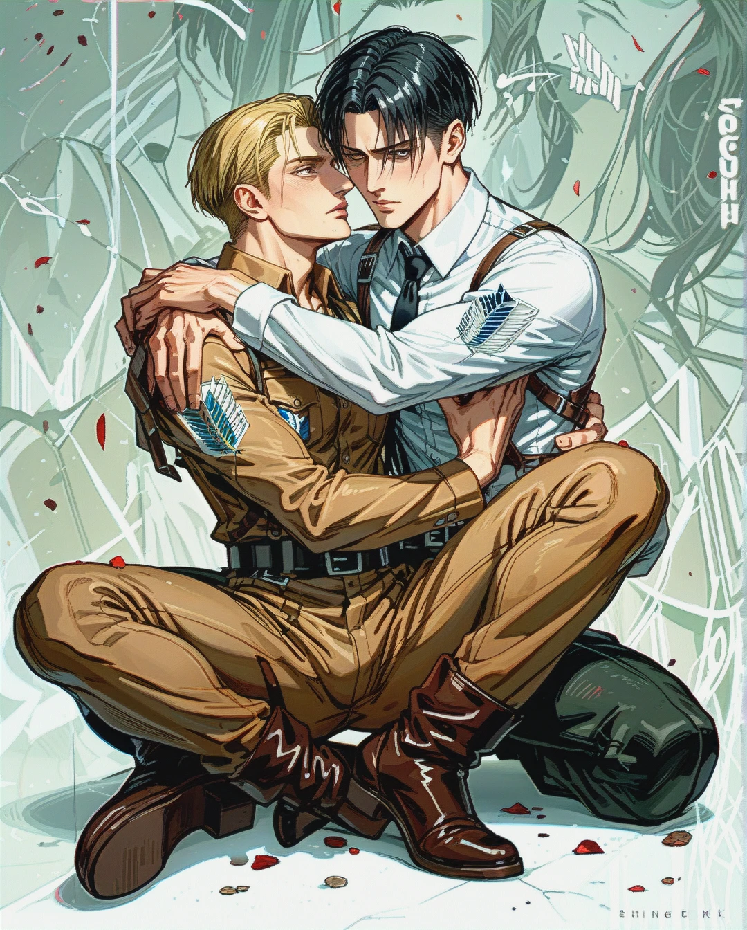 Blonde @erwin_smith and black haired @levi, gay, yaoi, male body, full body, , dicks, (reach-around), size difference, couple