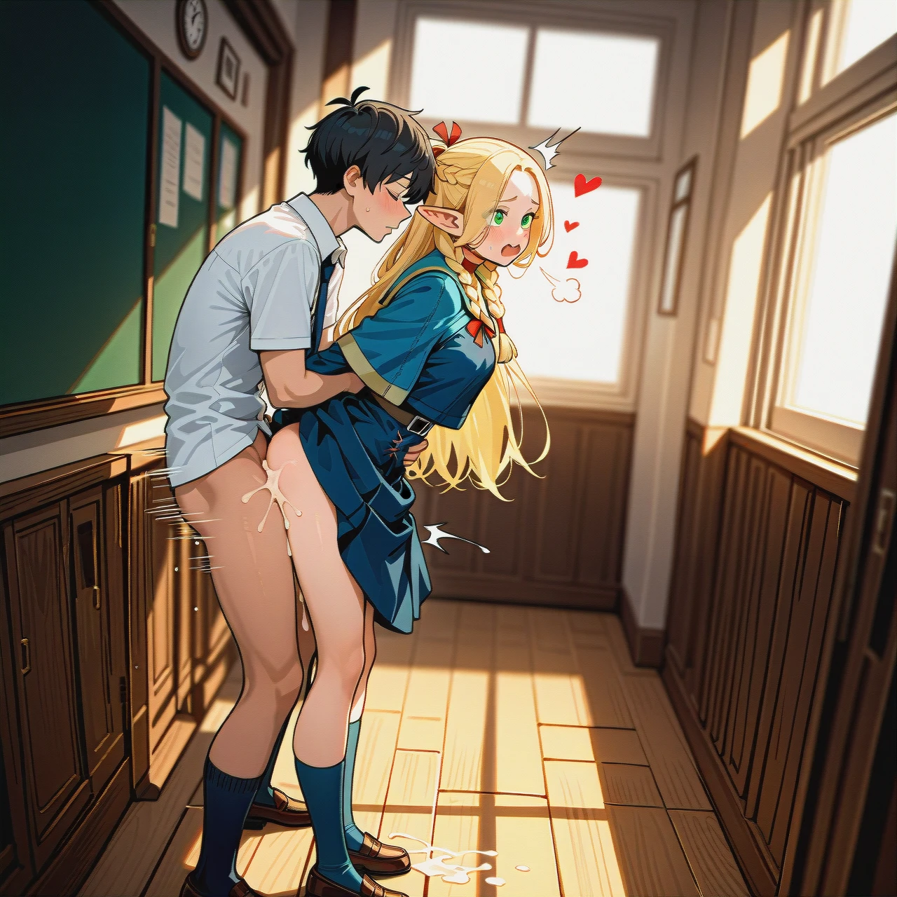 Marcille,  school, schoolgirl, school_uniform, socks, skirt,   (wide_shot), (dutch_angle),   (sex_from_behind), (cum), (sex), (clothed_sex), grab_arm,   (skinny),   (heart-shaped), (open_mouth), (sigh),