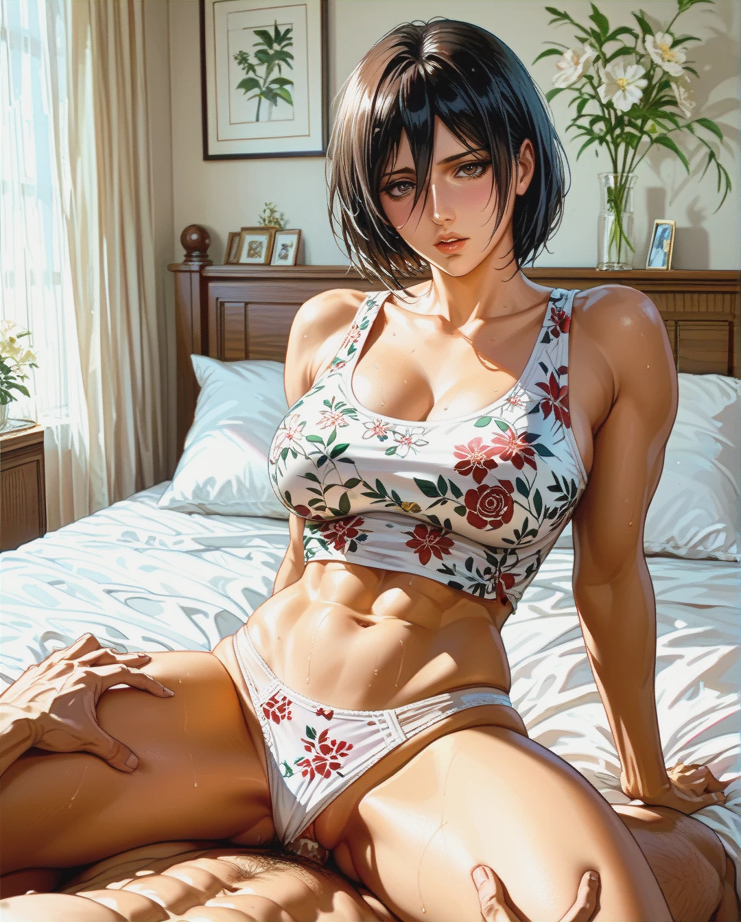 Mikasa,mature,on bed, crop tank top white floral, panties,floral , hairstyles, sex on top oldman,