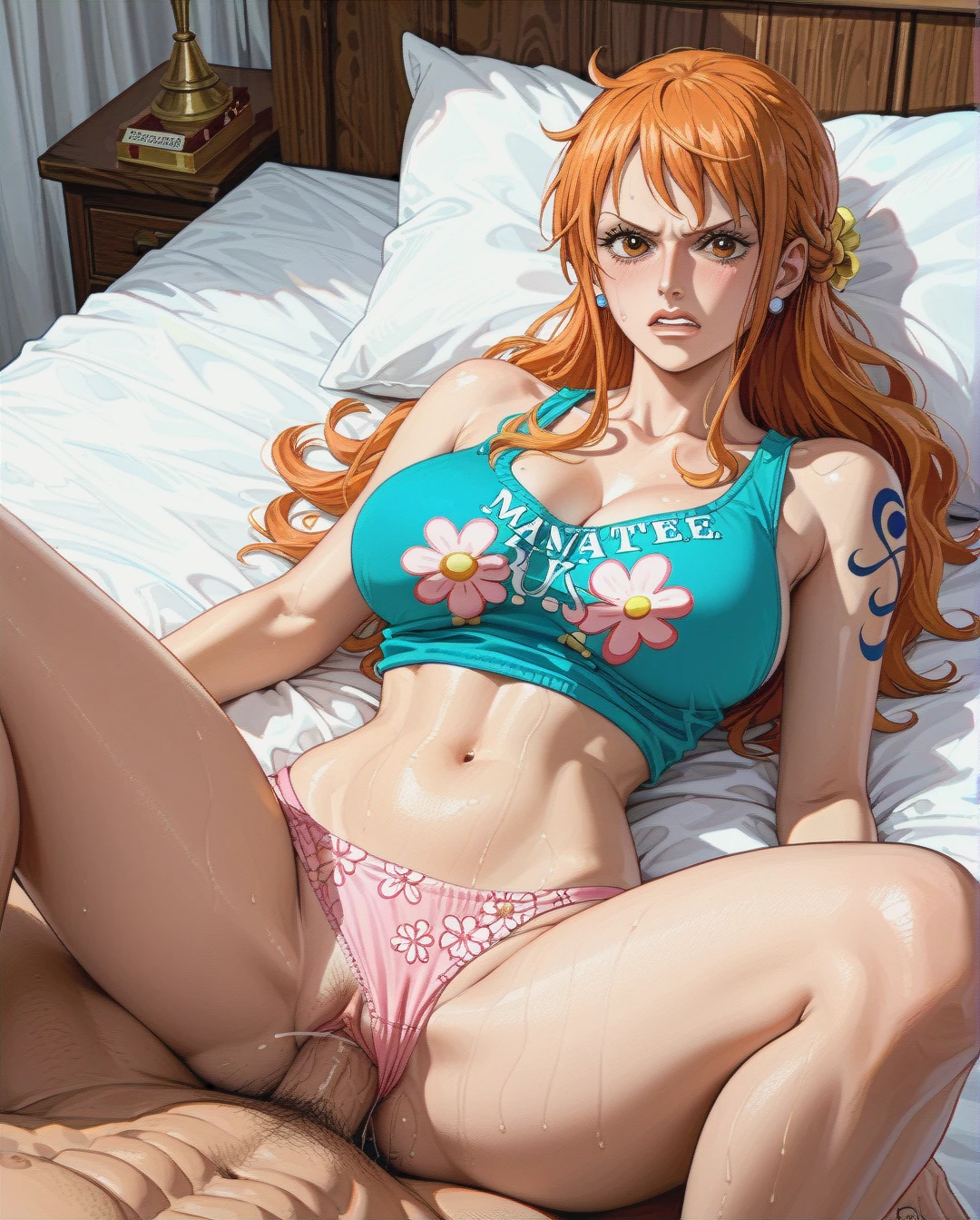 @nami one piece ,mature,on bed, crop tank top pink white floral, panties pink floral,sex missionary,long tail hairstyles,angry face