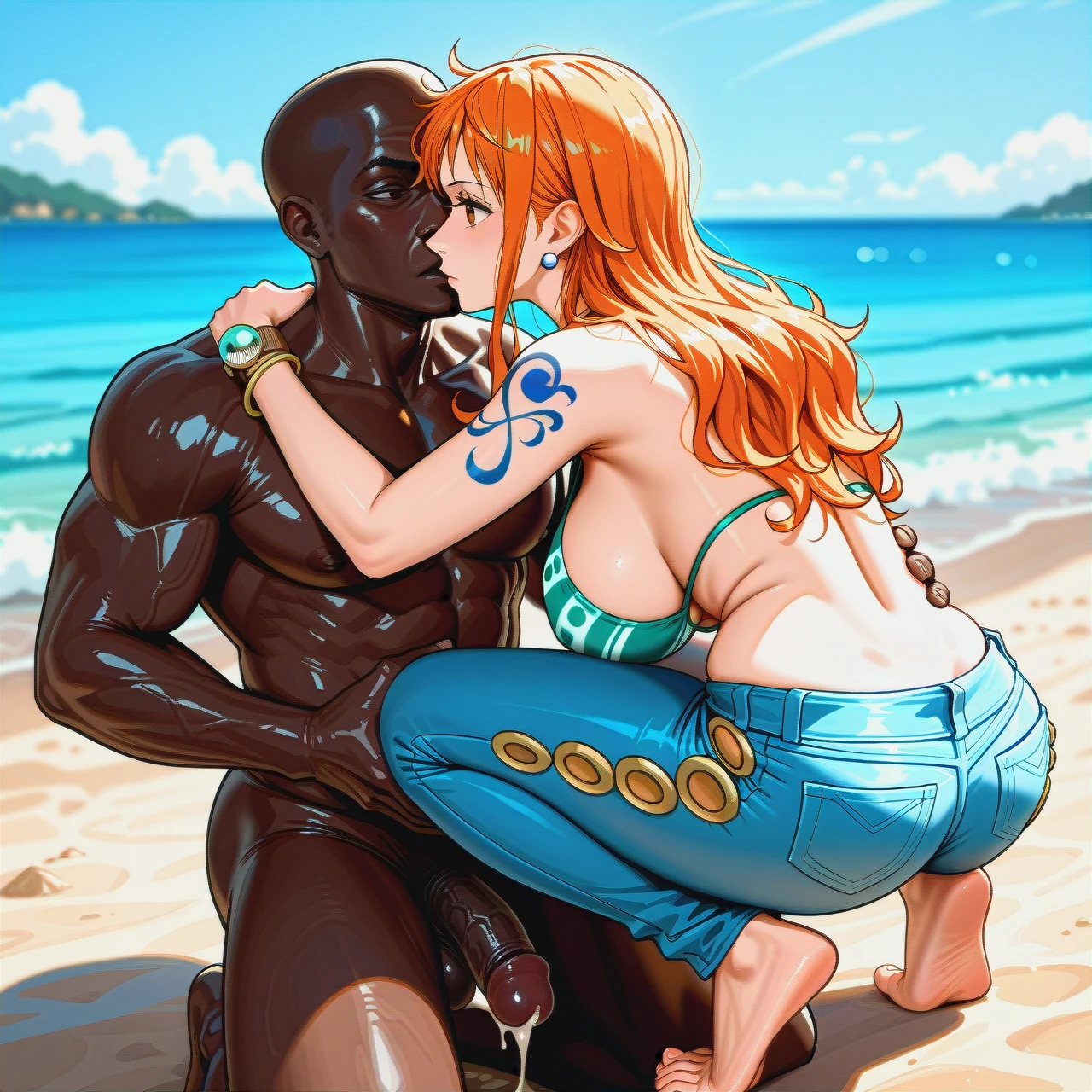 beach, sole male, sole female, tight jeans, (squatting), (sideboob), (expressionless), (smelling), bbc, @nami, (torso_grab), dark skin male, interracial, bbc, cum. full body perspective