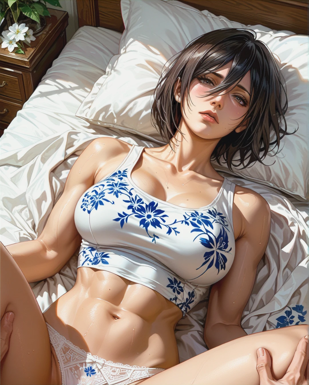 Mikasa,mature,on bed, crop tank top white floral, panties,floral , hairstyles, missionary,