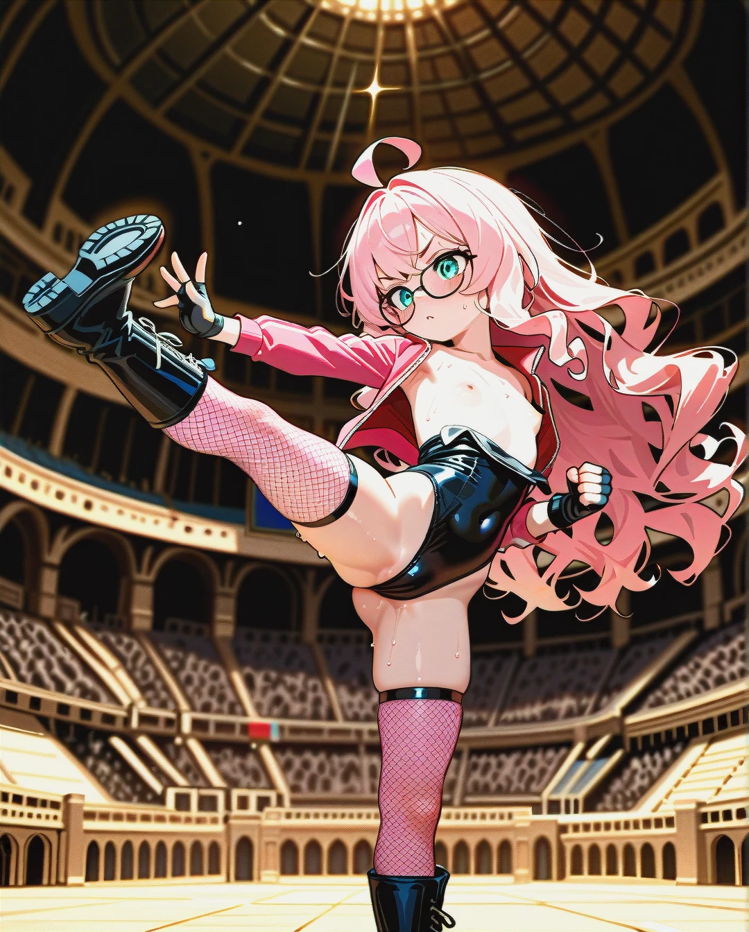 1girl,lolli, pink hair, very long hair,wavy hair,  glasses, ,ahoge,soft skin,  sweat, track jacket, pink reggings ,black leotard, fingerless gloves, bare chest, pink fishnet stockings, black boots  depth of field, colosseum, dynamic pose,kick