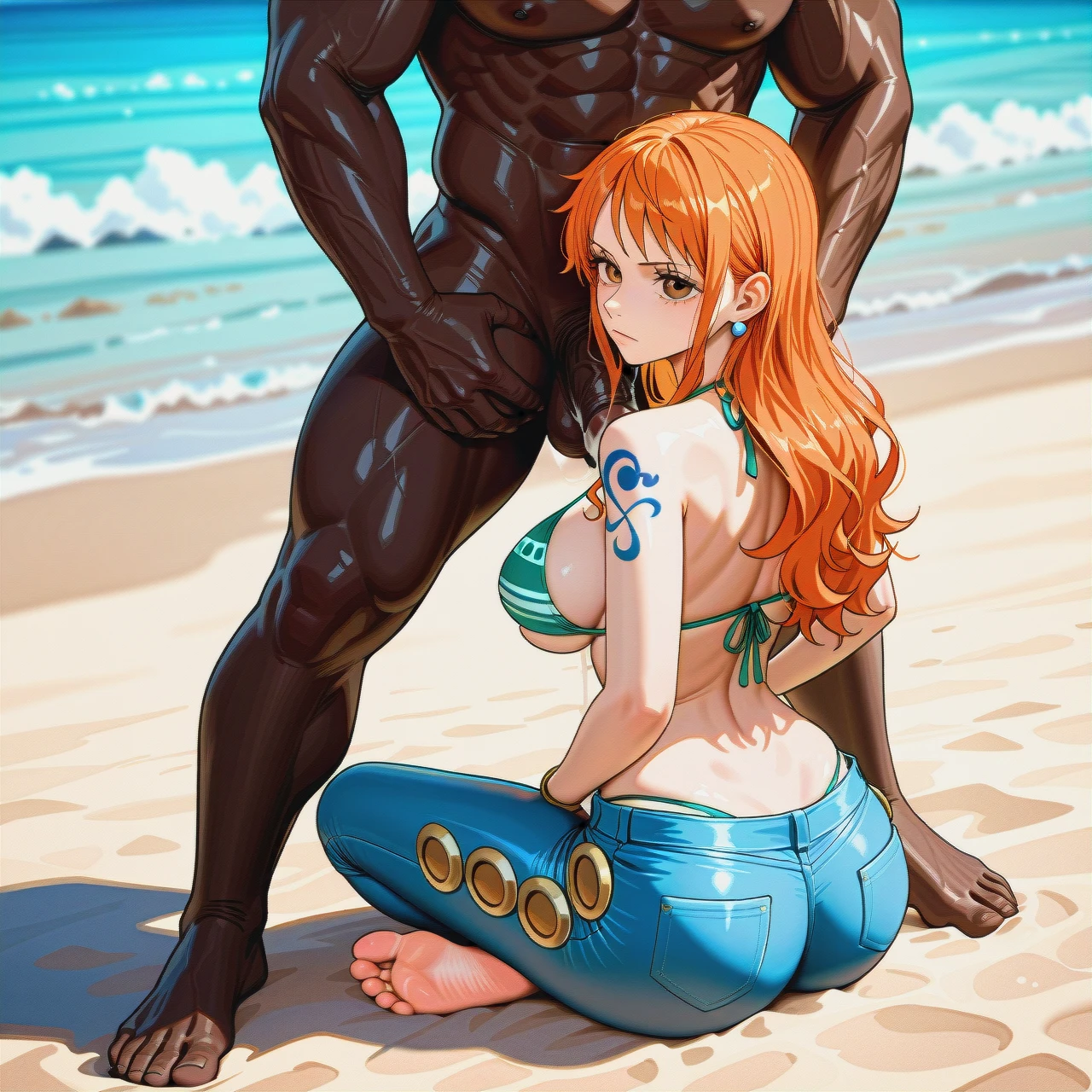 beach, sole male, sole female, tight jeans, (sideboob), (expressionless), @nami, (torso_grab), dark skin male, interracial, bbc, cum. full body perspective