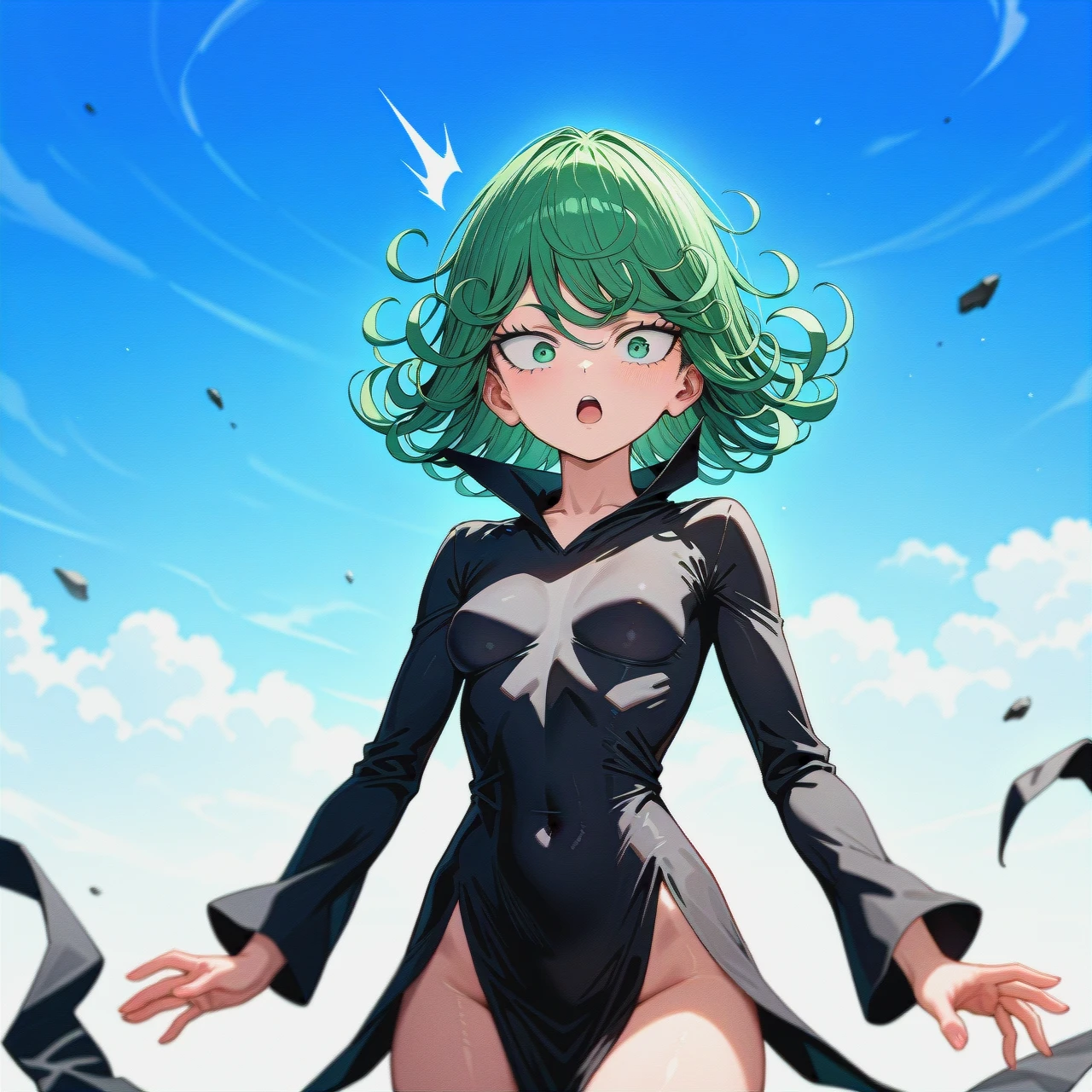 1girl, @tatsumaki, (perfect face), (very skinny: 1,1), in black dress with long sleeve, floating in the air, day, front view, surprised, white background, (looking back)