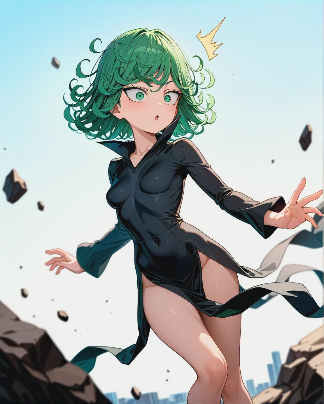 1girl, @tatsumaki, (perfect face), (very skinny: 1,1), in black dress with long sleeve, floating in the air, day, front view, surprised, white background, (looking back)