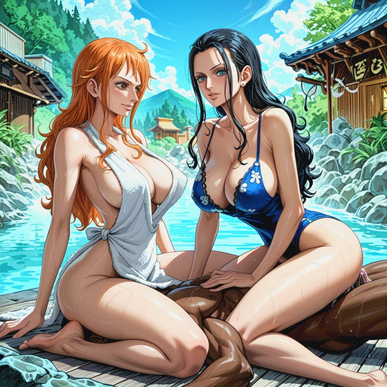 onsen, (FFM_threesome), (on_back), towel, (nipple_slip), @nico_robin, @nami (mature_female), (anilingus) , facesitting, (smelling). precum, big black cock, dark skin male, interracial, (netorare)