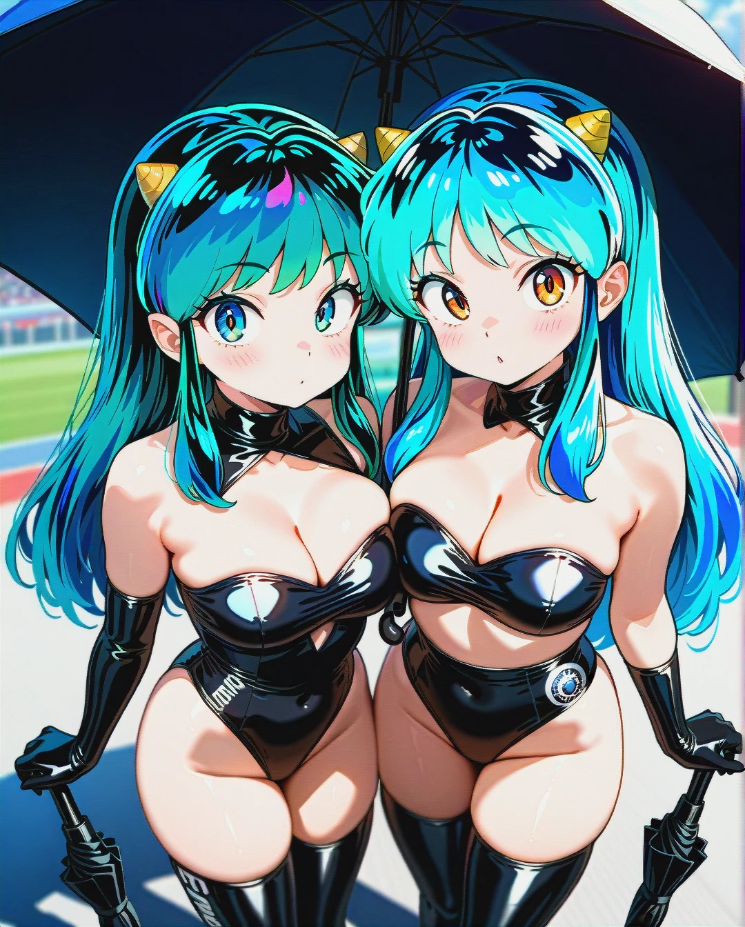 2 girls,@lum, and, @sasami-chan, race queen, revealing clothes, Silky clothes, clothes writing, bandeau, latex bandeau, Silky high-leg leotard, thigh boots, umbrella, looking at viewer, standing, cowboy shot, from_above,