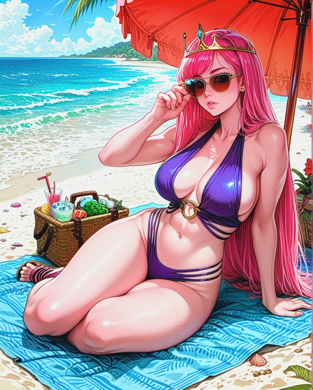 Princess Bubblegum, adventure time, tiara, pink skin, pink hair, low cut cut out revealing purple swimsuit, sunglasses, side boob, cleavage, exposed belly button, gladiator sandals, rounded breasts, large breasts, rounded ass, large ass, sitting on beach towel, beach parasol, long hair