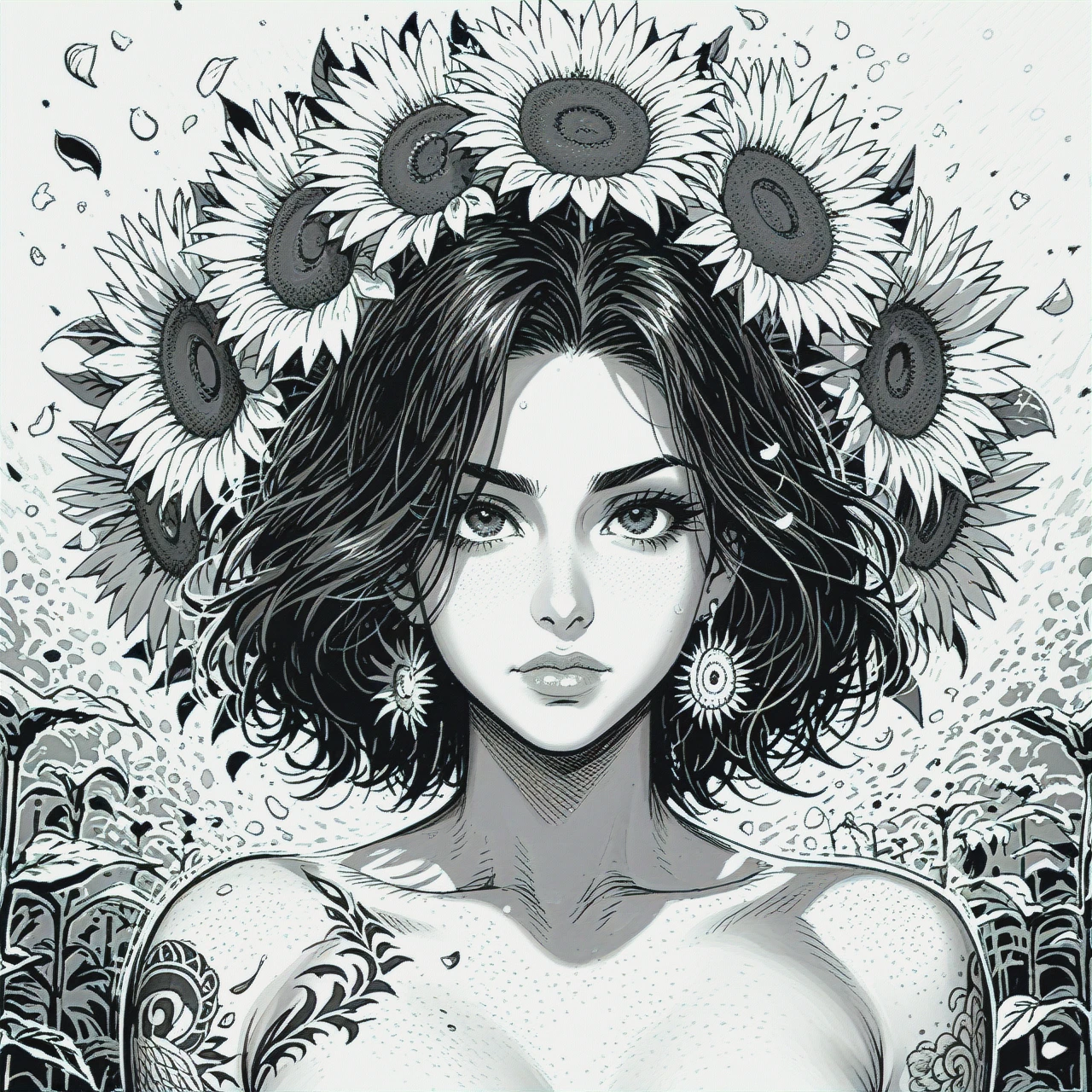 The image is a black and white line drawing of a woman with a large sunflower on her head. The woman is standing with her body slightly turned to the side, with her arms stretched out to the sides. She has a tattoo on her left arm and her right arm is resting on her hip. The sunflower is large and has multiple petals that are arranged in a symmetrical pattern. The background is plain white. The overall style of the image is simple and minimalistic.