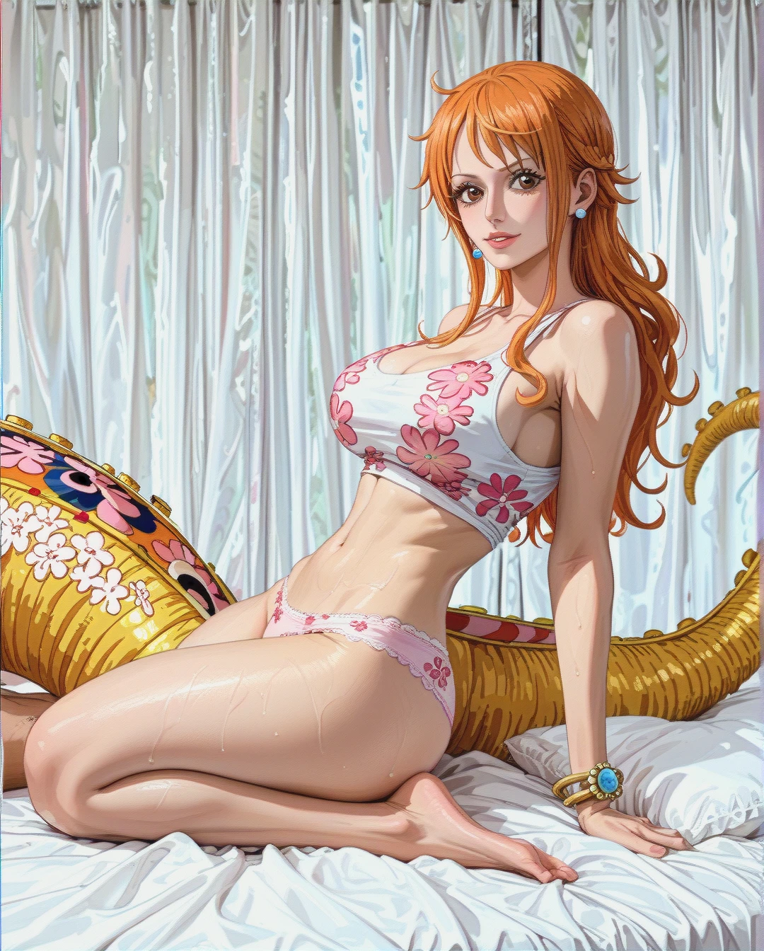 @nami one piece ,mature,on bed, crop tank top pink white floral, panties pink floral,sex on top Luffy ,long tail hairstyles,full body photo