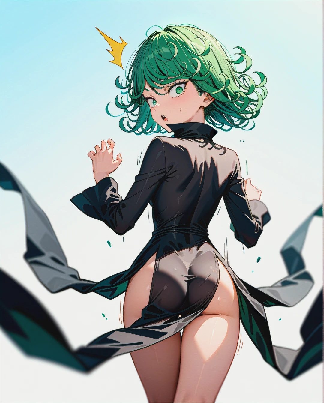 1girl, @tatsumaki, (perfect face), (very skinny: 1,1), in black dress with long sleeve, floating in the air, day, (front view), surprised, white background, (looking back), surprised looks back