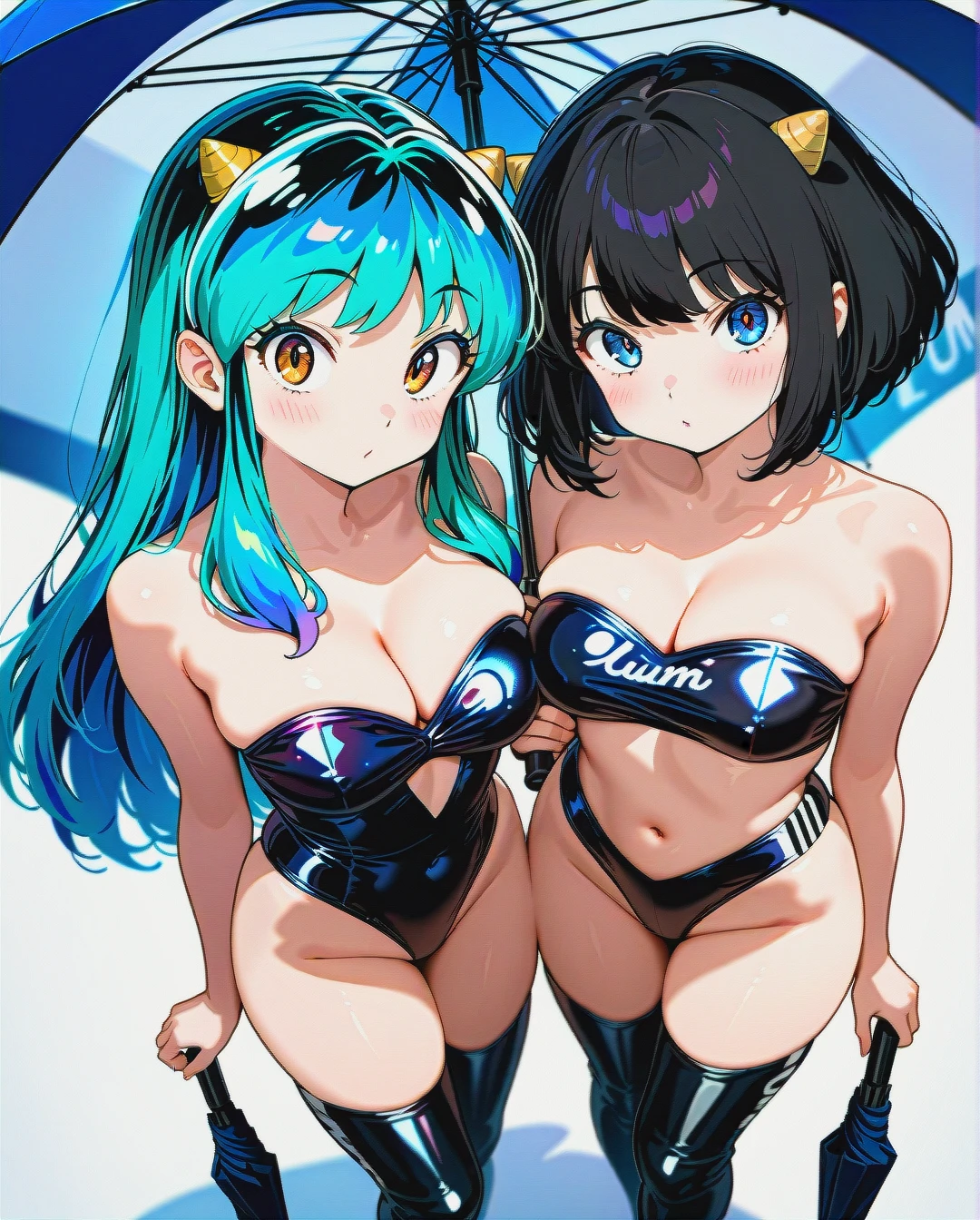 2 girls,@lum, and, @sasami-chan, race queen, revealing clothes, satin clothes, clothes writing, bandeau, satin bandeau, satin high-leg leotard, thigh boots, umbrella, looking at viewer, standing, cowboy shot, from_above,