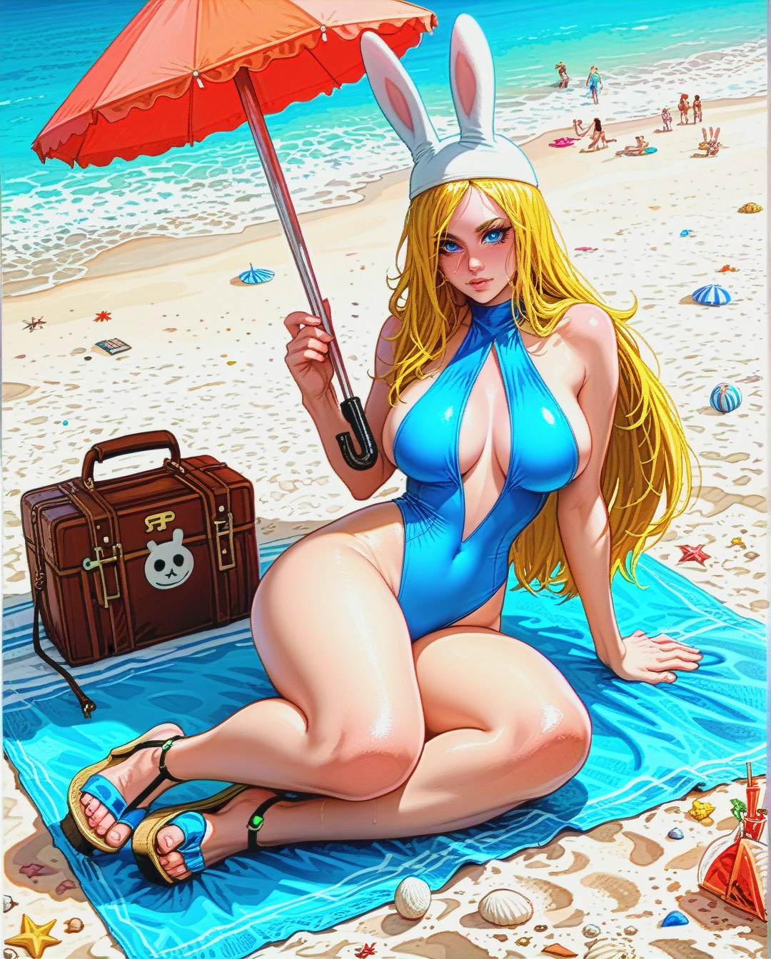 @fionna_the_human_girl, adventure time, bunny ears hat, low cut cut out revealing swimsuit, side boob cleavage, exposed belly button, platform sandals, rounded breasts, large breasts, rounded ass, large ass, thick thighs, sitting on beach towel, beach parasol, long hair, (hair_twirling)