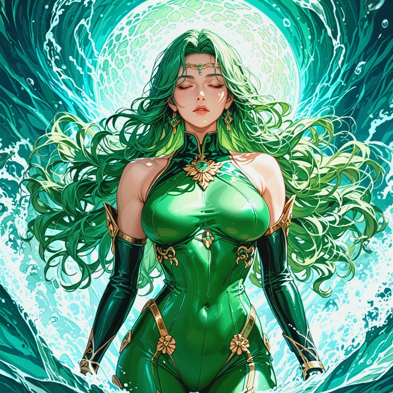 The image is a digital illustration of a woman with long, flowing green hair. She is standing with her body slightly turned to the side, with her arms stretched out to the sides. Her head is tilted slightly to the left and her eyes are closed, as if she is in a trance-like state. Her body is covered in a tight-fitting, green bodysuit that accentuates her curves. Her hair is styled in loose waves and cascades over her shoulders. The overall mood of the image is mysterious and ethereal.