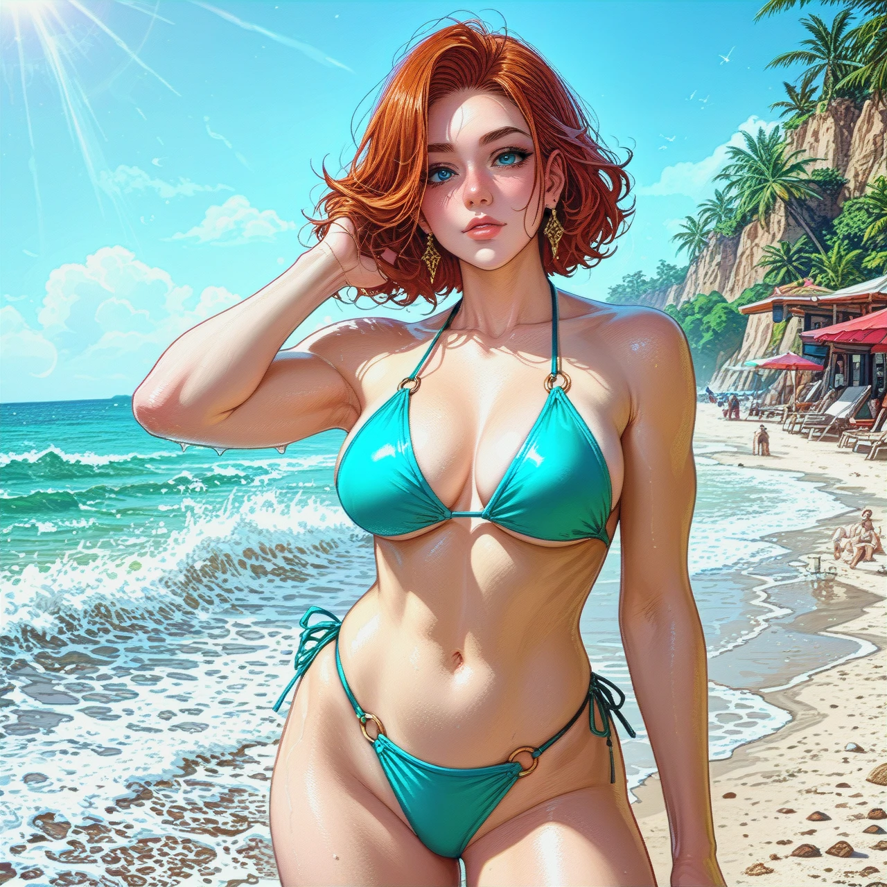 A breathtakingly beautiful woman, with sun-kissed skin and flowing auburn hair, poses in a vibrant turquoise bikini on a pristine white sand beach; hyper-realistic style, emphasizing the intricate details of her physique and the texture of the sand, bathed in the warm glow of a setting sun, evoking a feeling of serene tranquility.