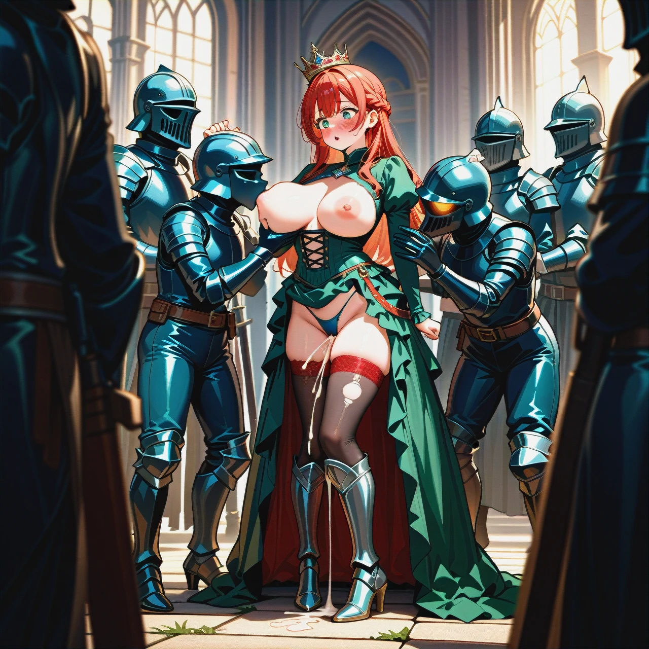 group, a large group, breast_sucking, ejaculation, streching, torn_jeans,red_stockings,blue_bodysuit,heels, medieval_dress,black_leggings,laurel_crown,green_bodysuit,armored_boots, gown,striped,belt,BIKINI,knee_boots, castle_exterior, detailed_hands, bright_eyes