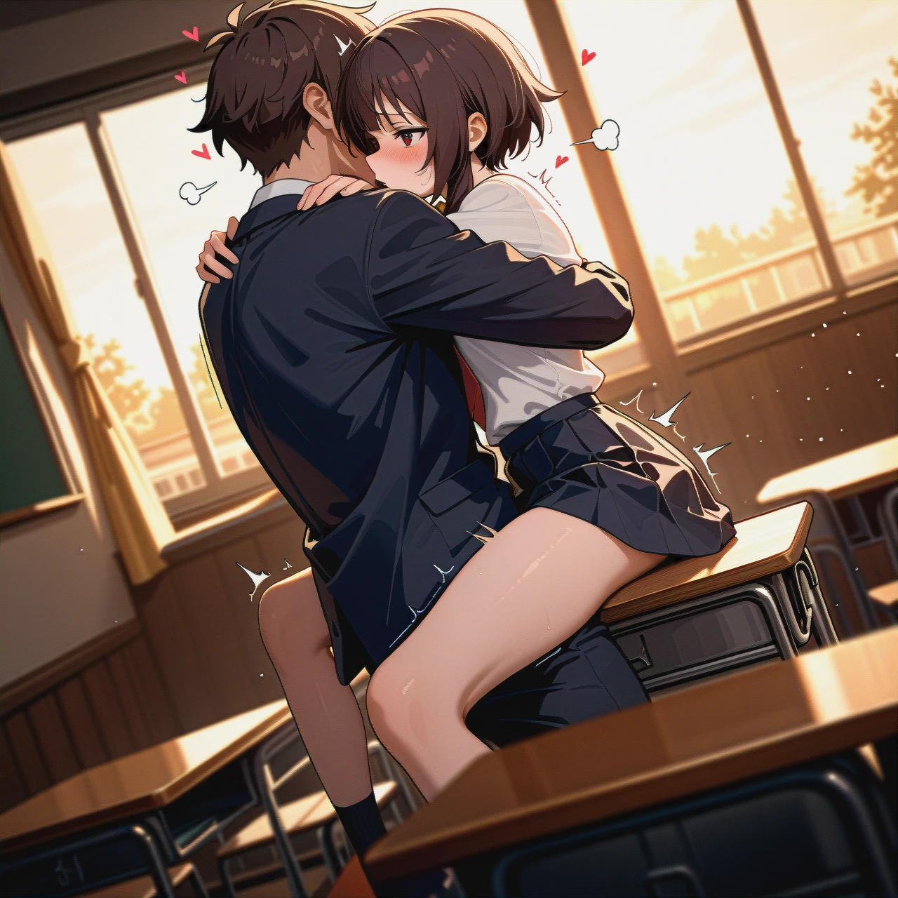 @megumin,  school, schoolgirl, school_uniform, skirt,  (wide_shot), (dutch_angle), (from_side),  on the table, legs hug, kisses, open legs, (sex), (deep_penetration),   (skinny),   (heart-shaped), (sigh),